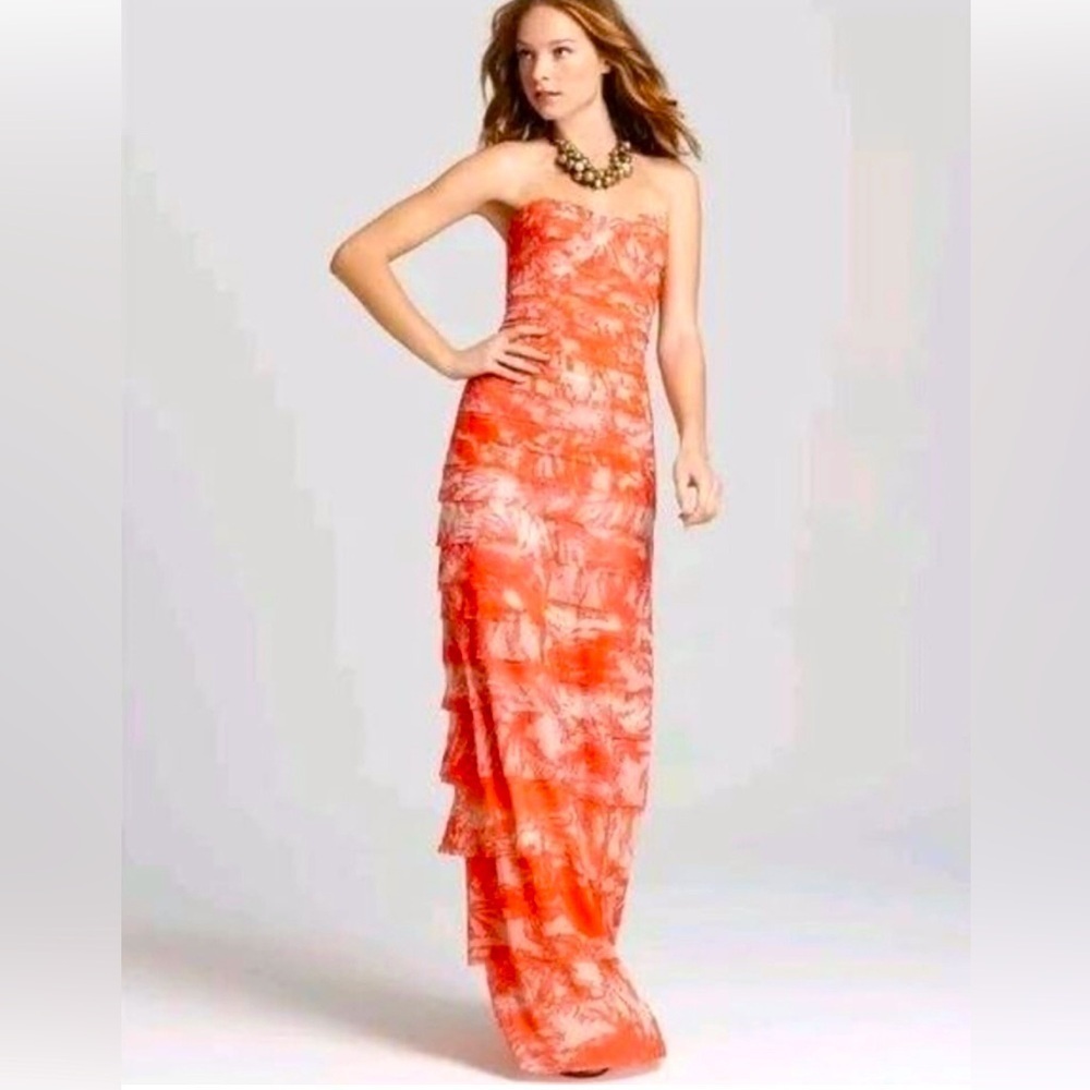 NWOT BCBGMaxAzria Erika Chiffon Layered Tiered Orange Maxi Dress Size 2